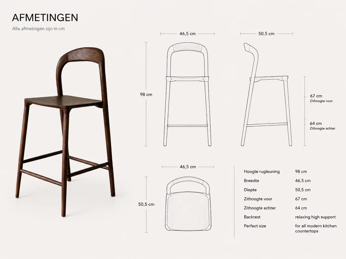 Afmetingen van de Ami barkruk - Houten zitting in centimeters