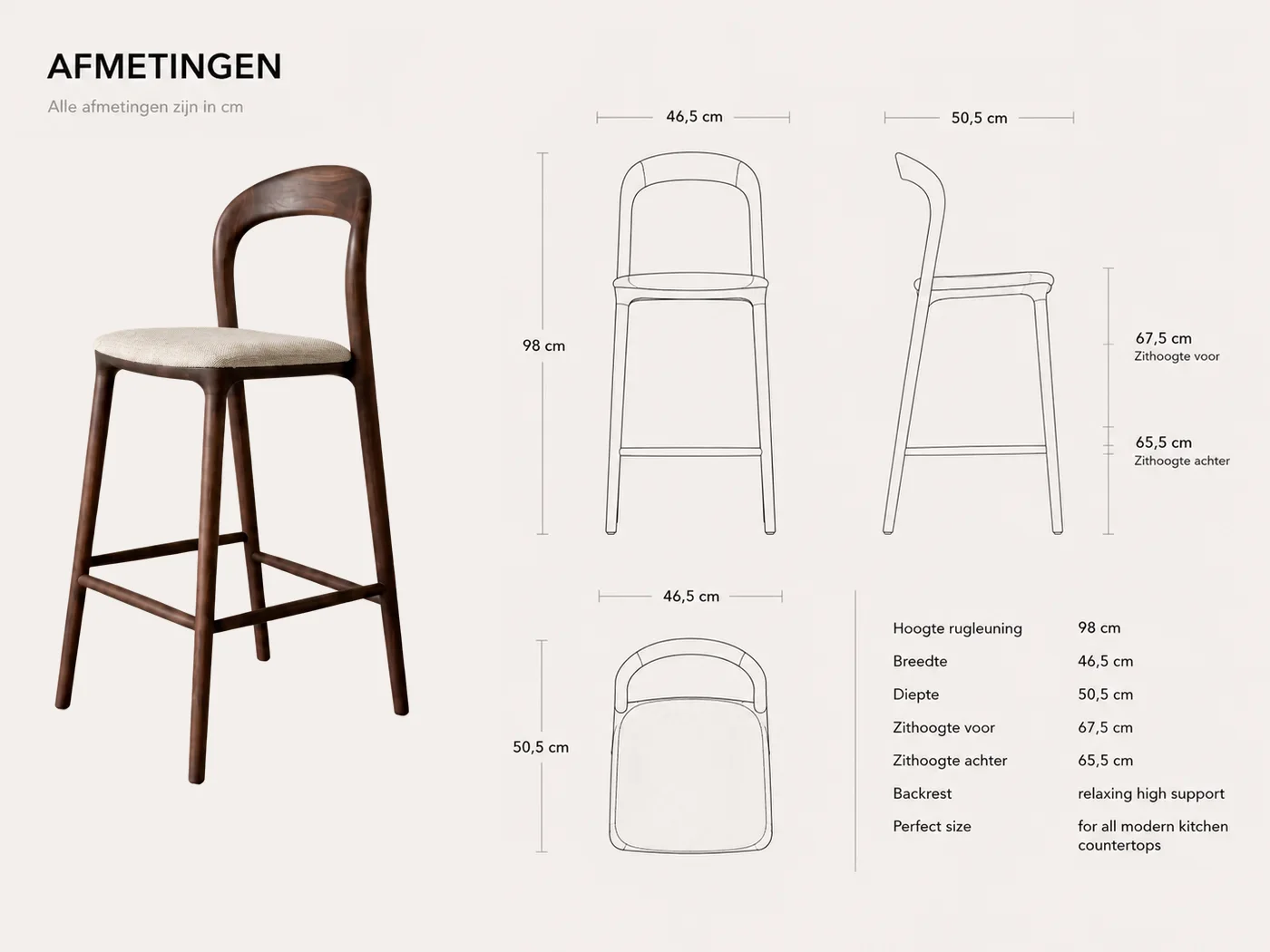 Afmetingen van de Ami barkruk - Walnut - Stoffen zitting in centimeters