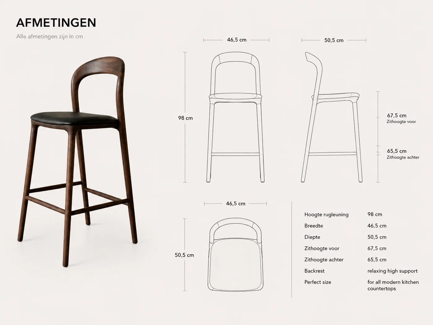 Afmetingen van de Ami barkruk - Walnut - Zwart leer in centimeters