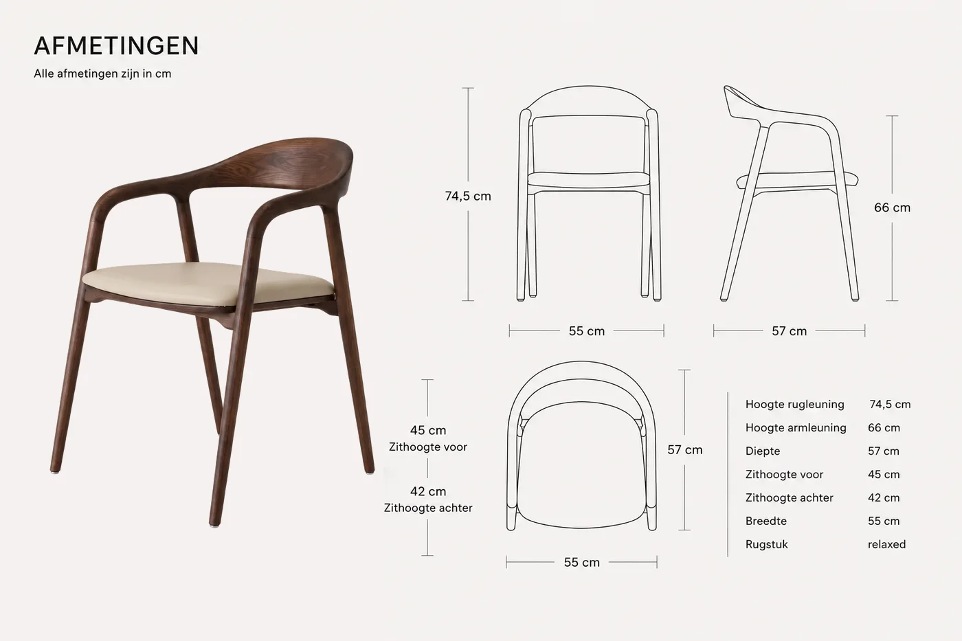 Afmetingen van de Ami eetkamerstoel walnoot - Beige leer in centimeters
