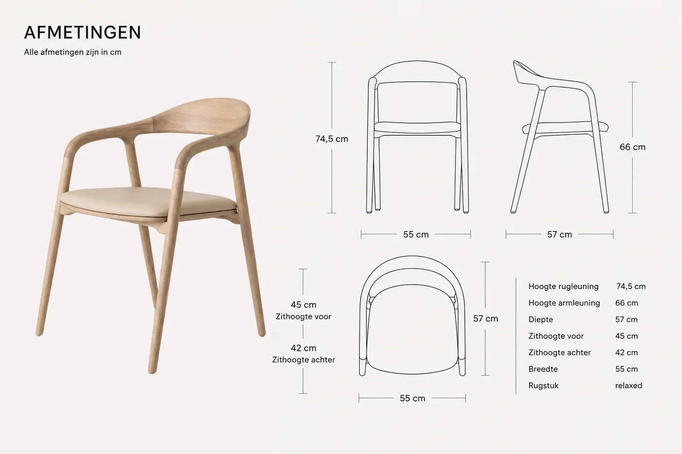 Afmetingen van de Ami eetkamerstoel light - Beige leer in centimeters