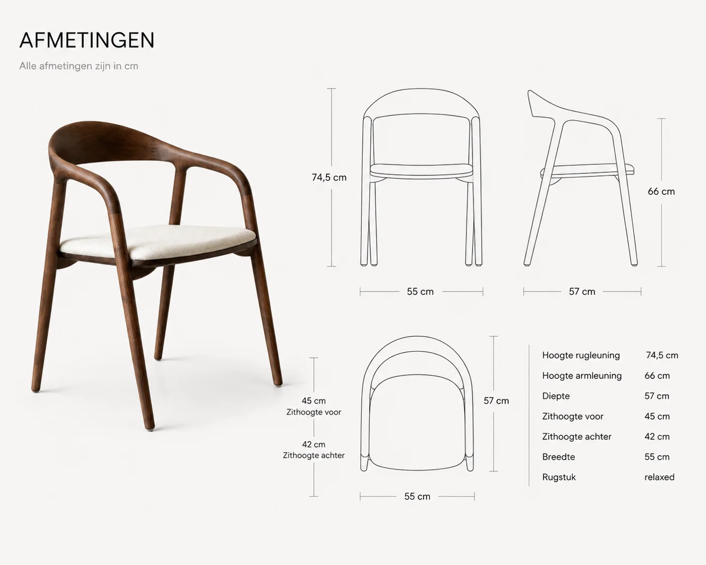 Afmetingen van de Ami eetkamerstoel - Walnut - Stoffen zitting in centimeters