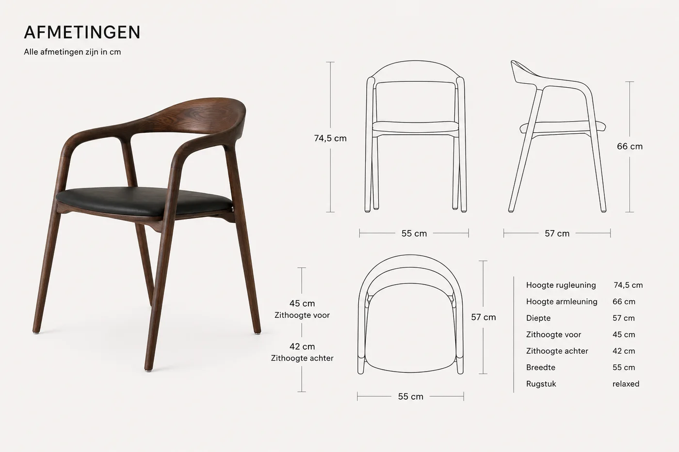Afmetingen van de Ami eetkamerstoel - Walnut - Zwart leer in centimeters