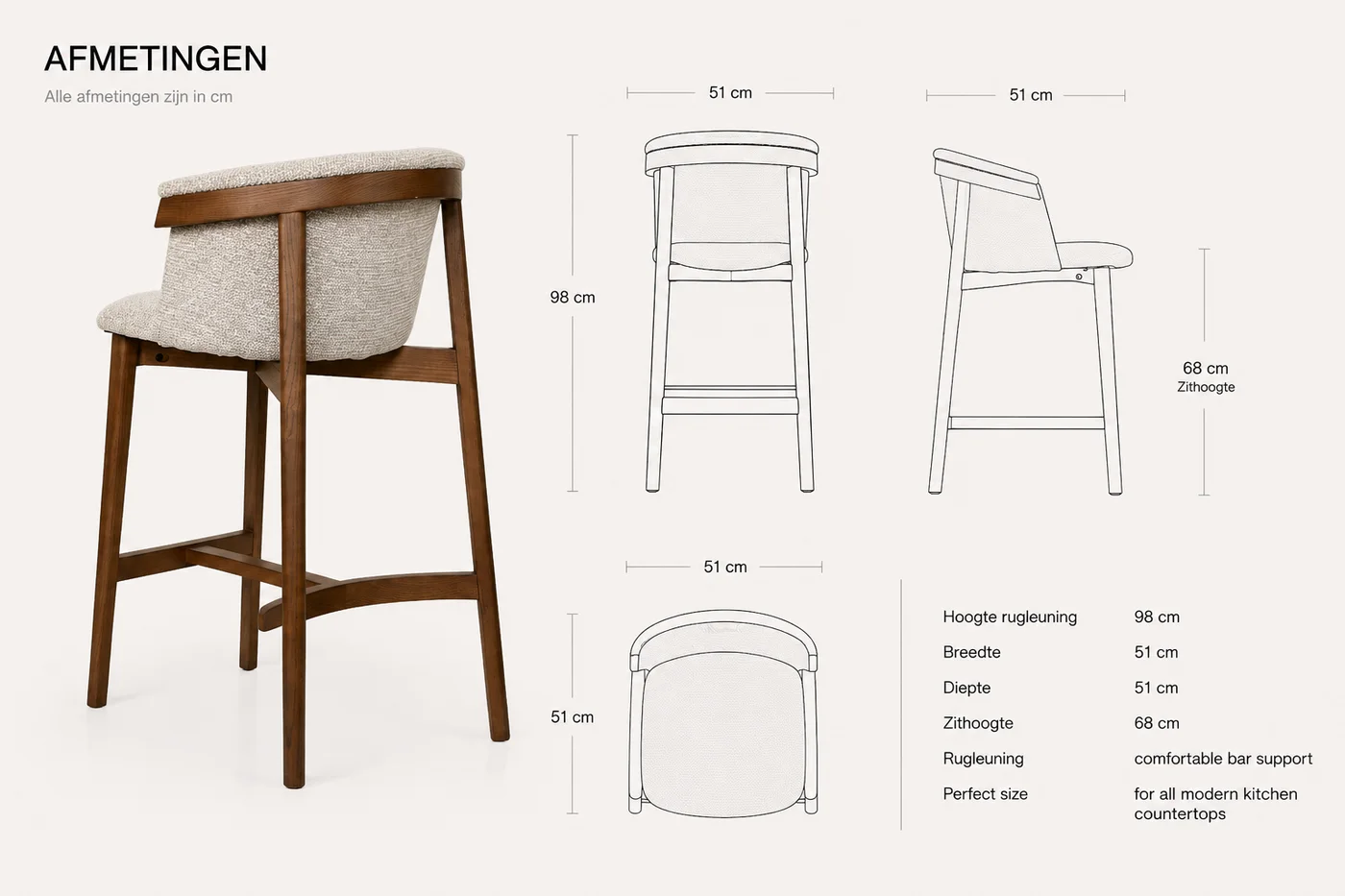 Afmetingen van de Miro barkruk in centimeters