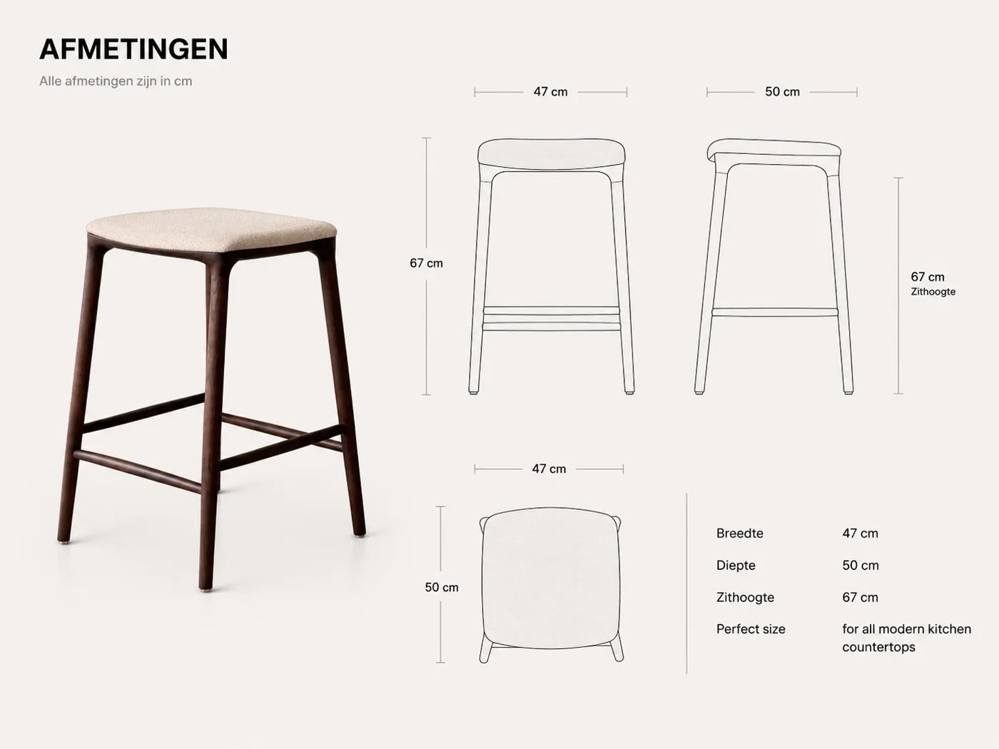 Afmetingen van de Yume barkruk - Stoffen zitting - Walnut in centimeters