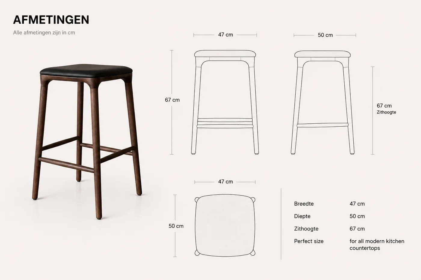 Afmetingen van de Yume barkruk - Zwart leer - Walnut in centimeters